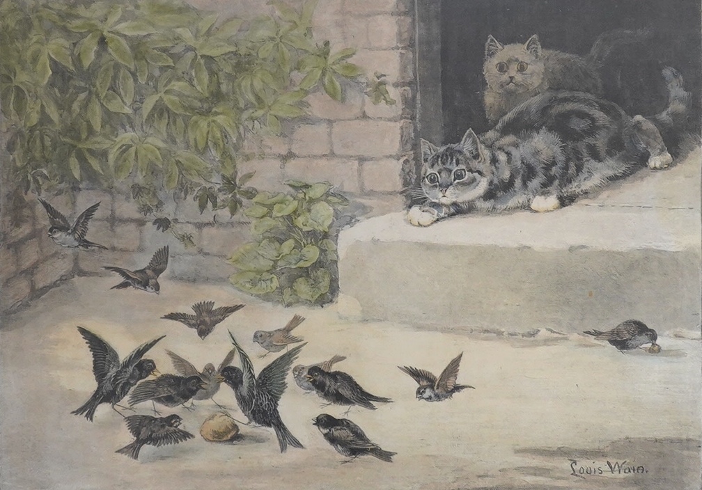 From the Studio of Fred Cuming. After Louis Wain (1860-1939), colour print, 'An unexpected danger', 25 x 33cm. Condition - fair, some discolouration commensurate with age